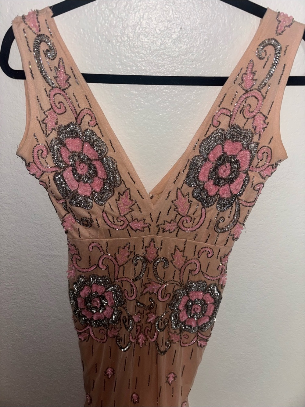 RARE VINTAGE One of a Kind Embellished Beaded V-Neck Pink Floral Evening Dress - Picture 2 of 5